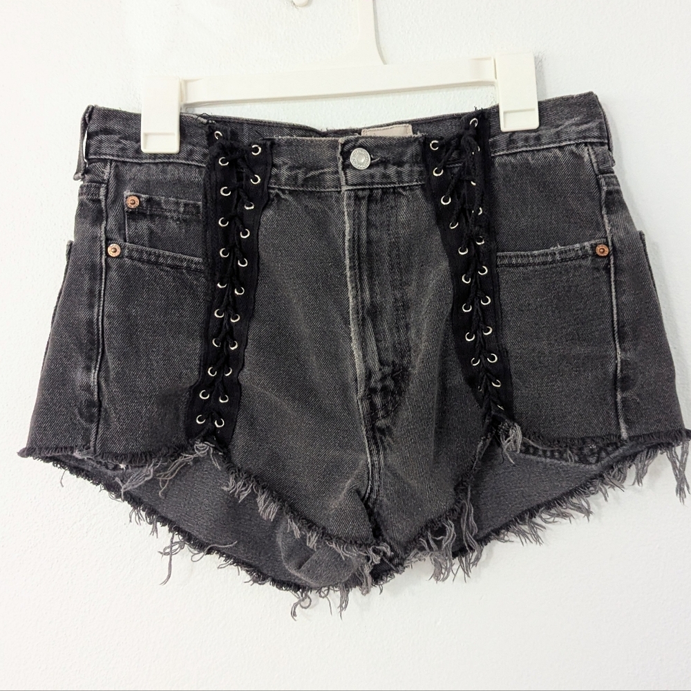LF Furst Of A King Reworked Vintage Lace Up Denim High Rise Shorts Black 32